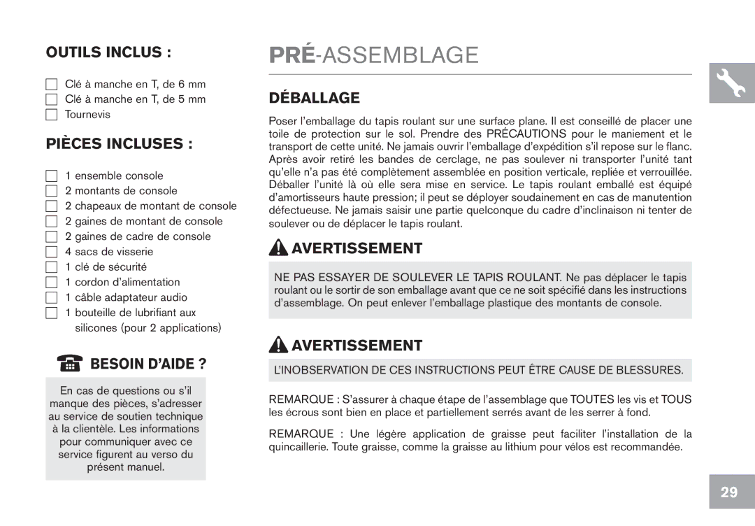 Horizon Fitness CT9.1 owner manual Pré-Assemblage 