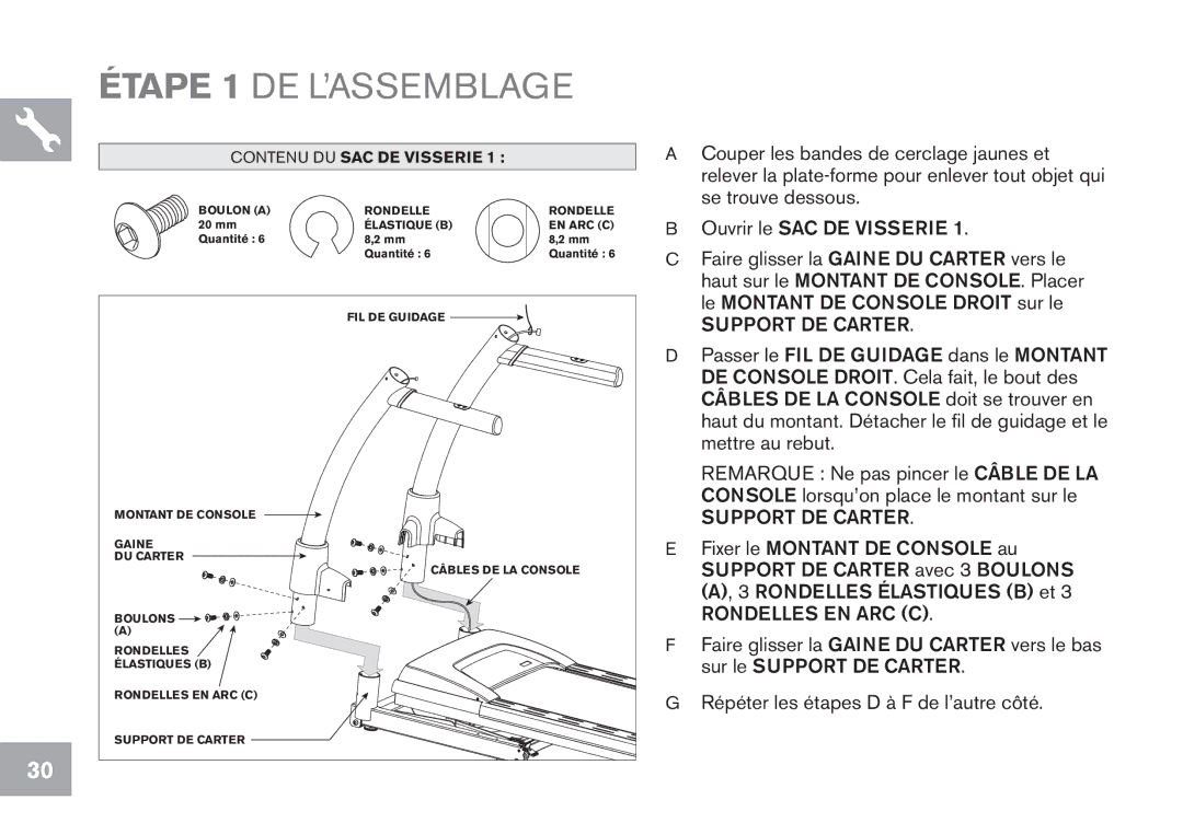 Horizon Fitness CT9.1 owner manual Étape 1 DE L’ASSEMBLAGE, Support DE Carter 