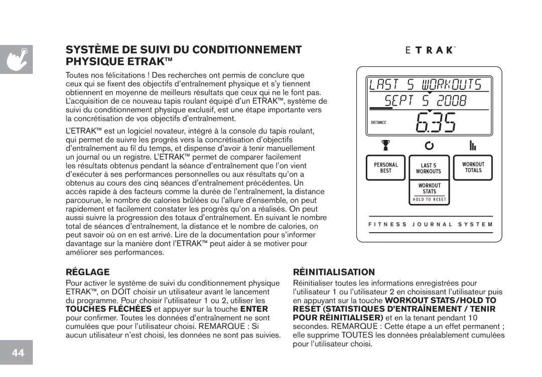 Horizon Fitness CT9.1 owner manual Système DE Suivi DU Conditionnement Physique eTRAK 