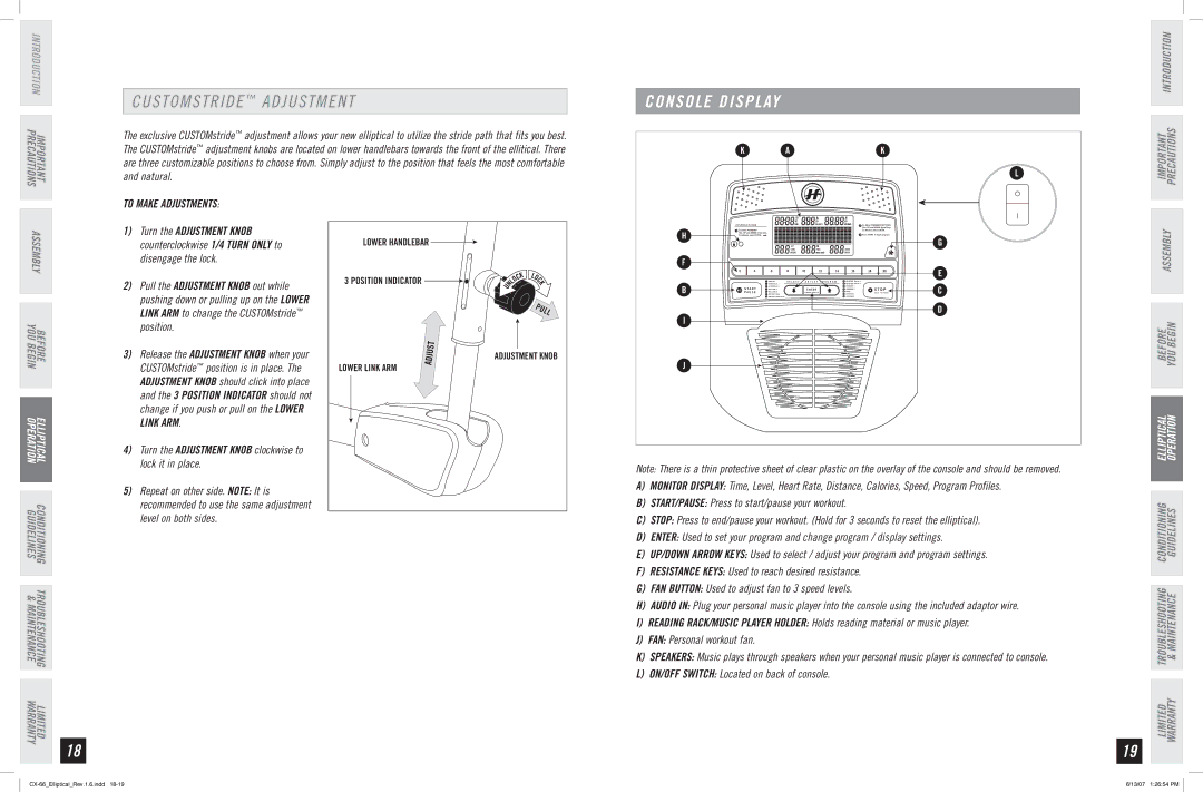 Horizon Fitness CX-66 manual S T O M S T R I D E Adjustment, Console Display 