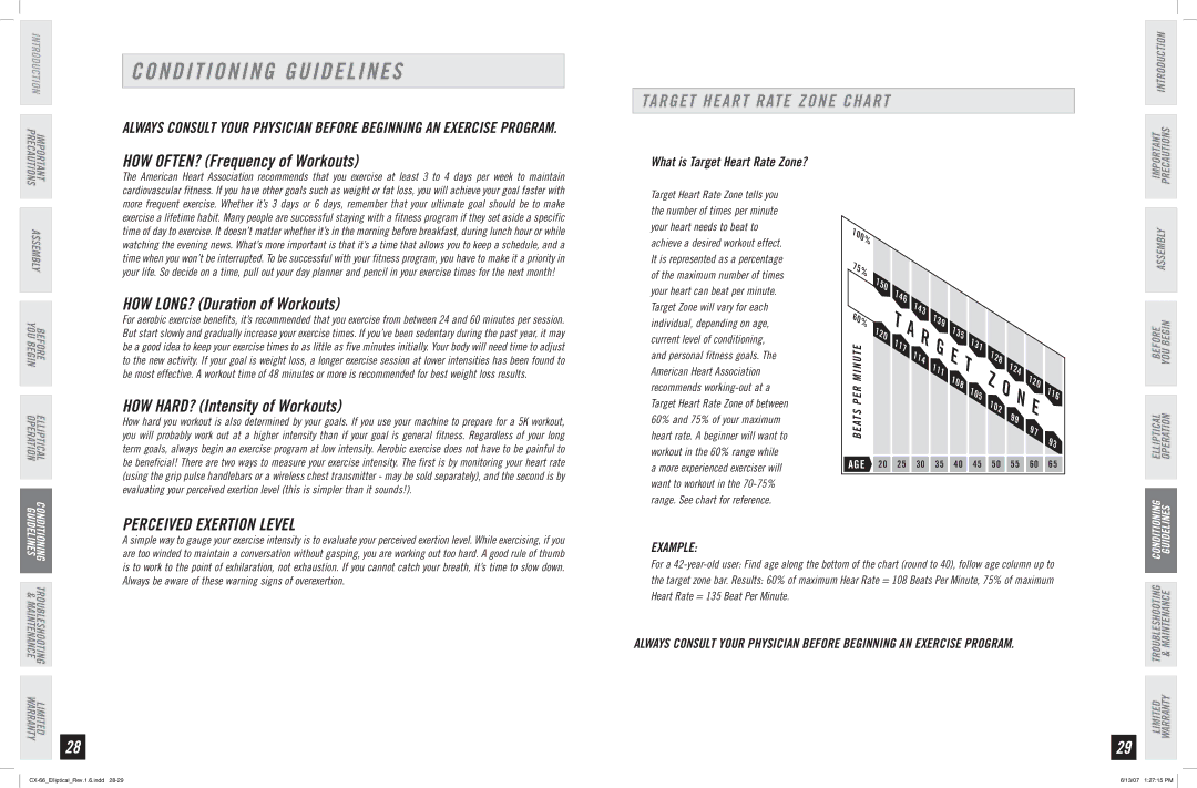 Horizon Fitness CX-66 manual Conditioning Guidelines, Target Heart Rate Zone Chart, Perceived Exertion Level, Example 