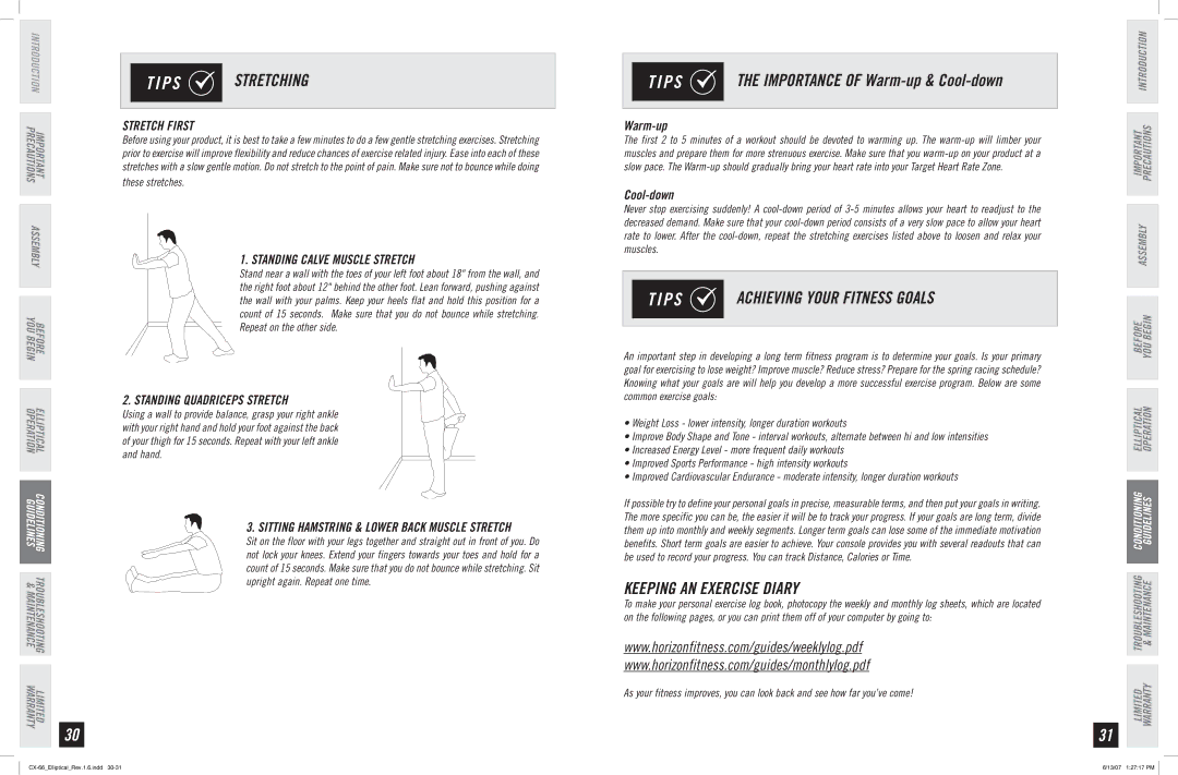 Horizon Fitness CX-66 manual P S Stretching, Achieving Your Fitness Goals, Keeping AN Exercise Diary 