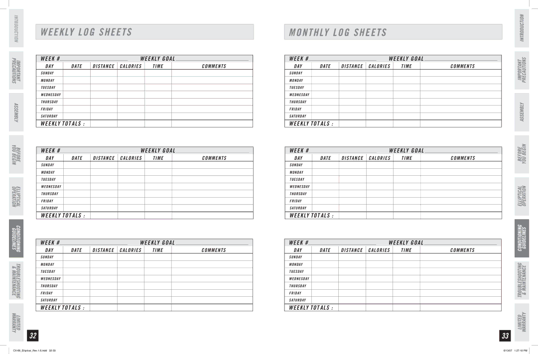 Horizon Fitness CX-66 manual Monthly LOG Sheets, Weekly TOT ALS 