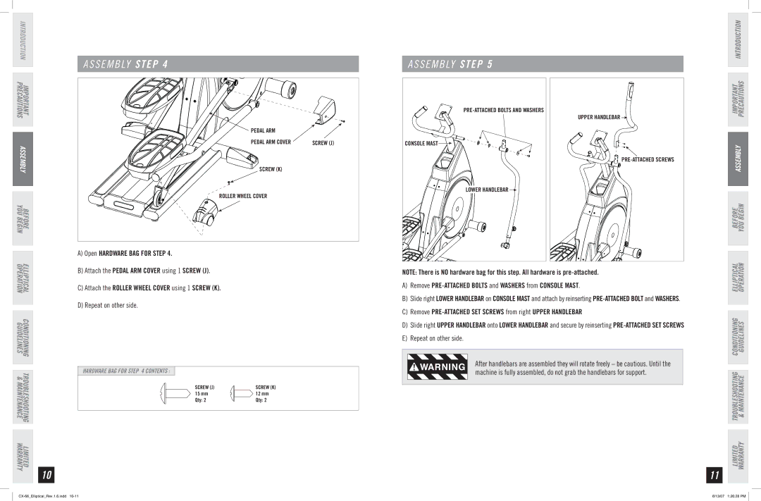 Horizon Fitness CX-66 manual Remove PRE-ATTACHED Bolts and Washers from Console Mast 