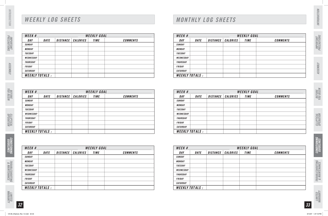 Horizon Fitness CX-66 manual Monthly Log Sheets, Weekly Tot Als, Weekly Log Sheets, Assembly 