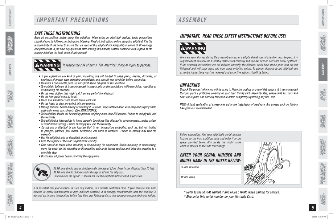 Horizon Fitness CX-66 manual Important Precautions, A S S E M B Ly, Save These Instructions, Unpacking, Assembly 