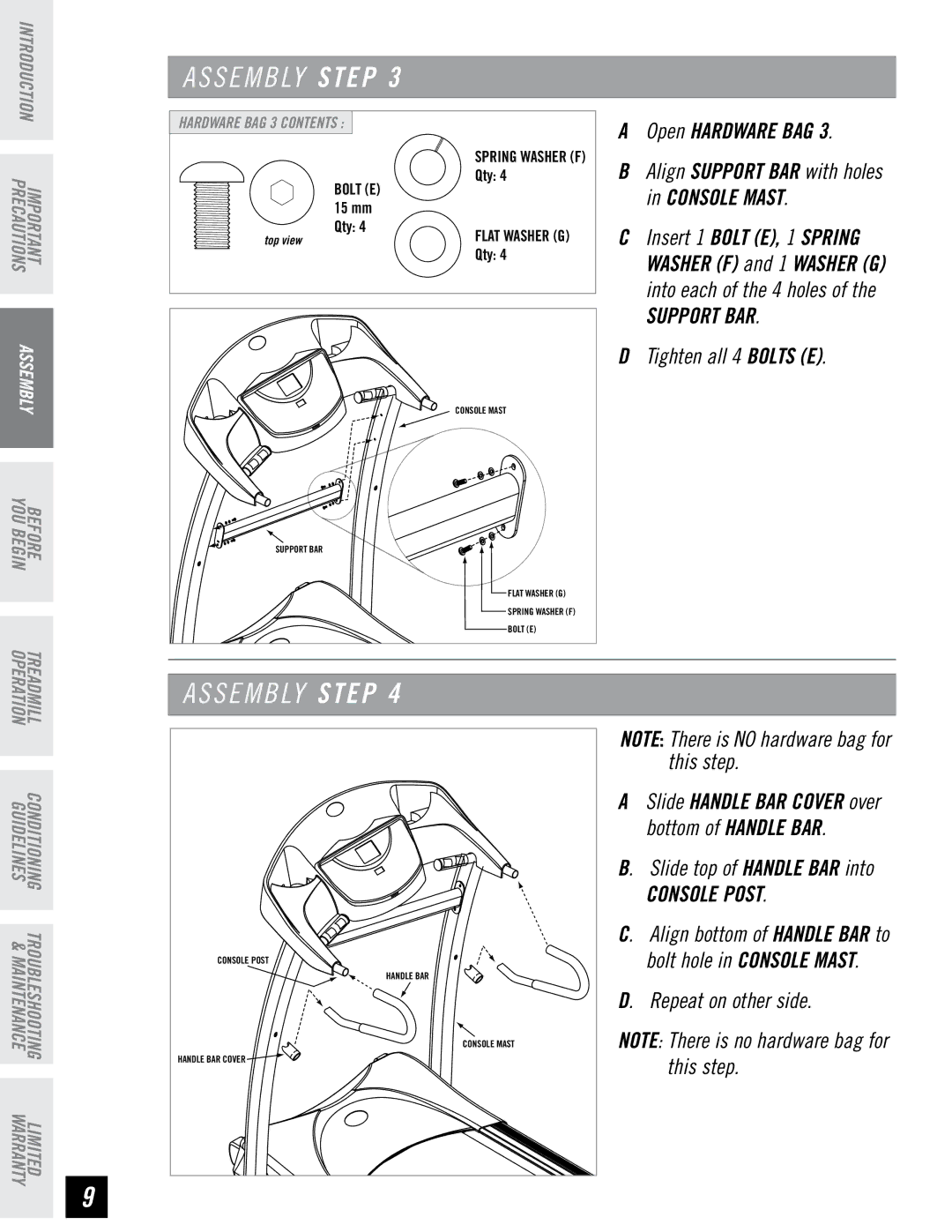 Horizon Fitness DT680 manual Console Mast, Support BAR, Slide top of Handle BAR into, Console Post, Repeat on other side 