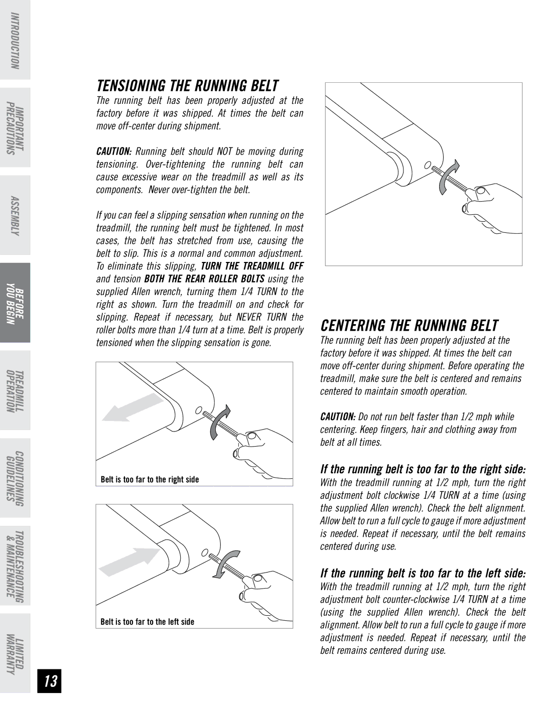 Horizon Fitness DT680 manual TENSIONING­THE Running Belt 