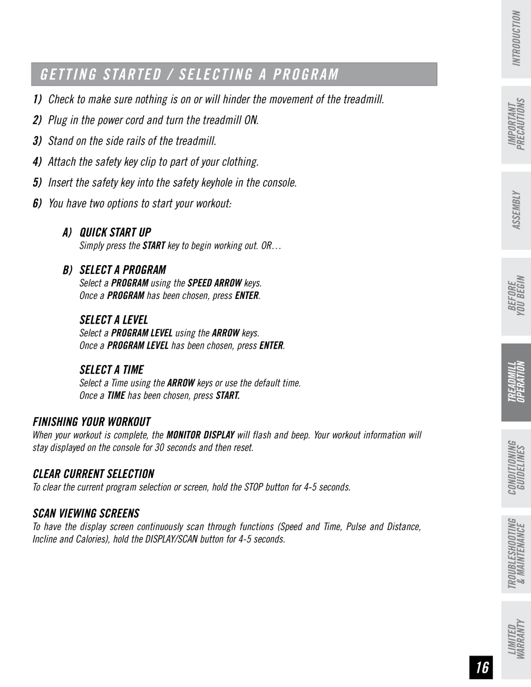 Horizon Fitness DT680 manual Select a Level, Select a Time, Clear Current Selection, Scan Viewing Screens 