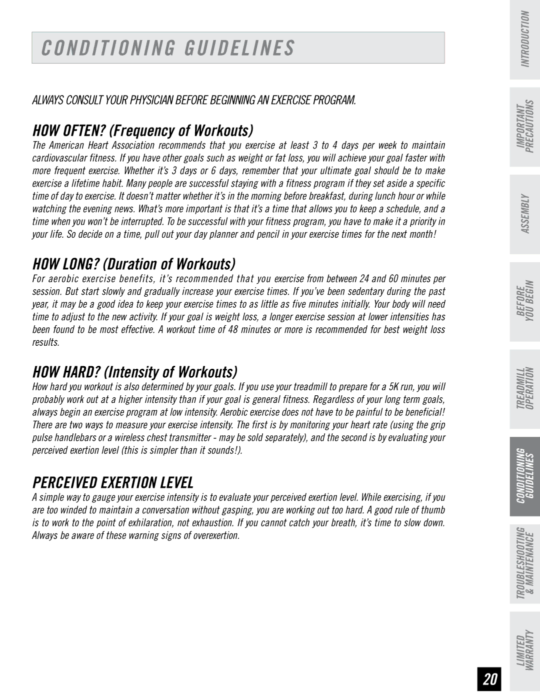 Horizon Fitness DT680 manual Conditioning Guidelines, Perceived Exertion Level 