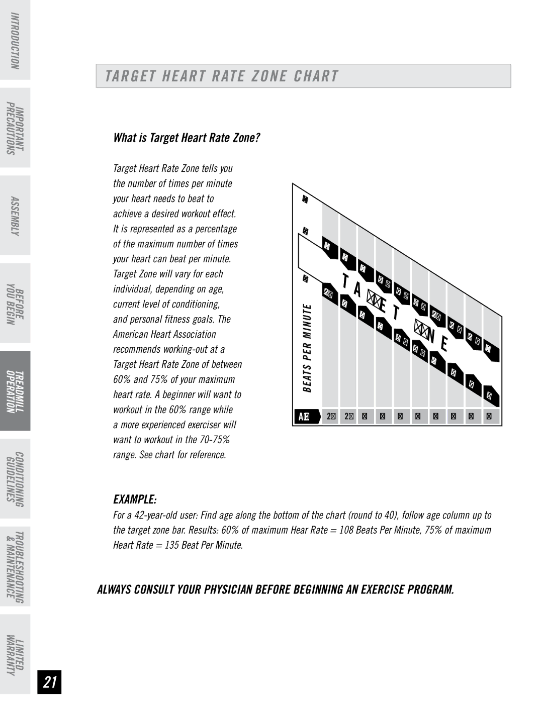 Horizon Fitness DT680 manual Target Heart Rate Zone Chart, Example 