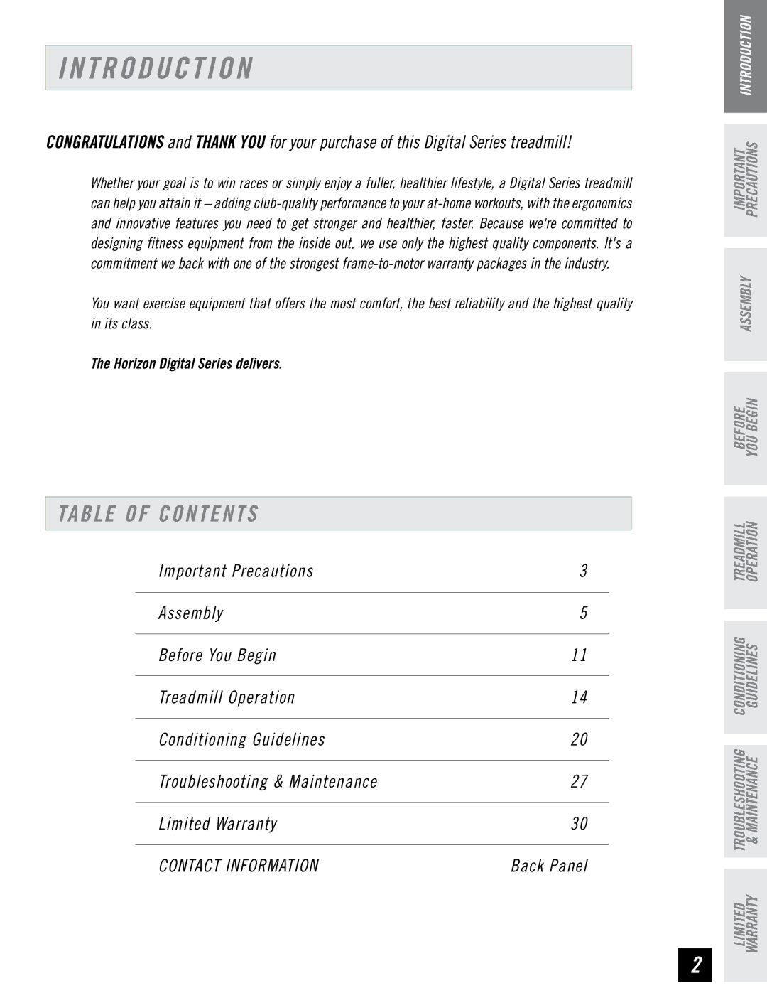 Horizon Fitness DT680 manual T R O D U C T I O N, Table of Contents 