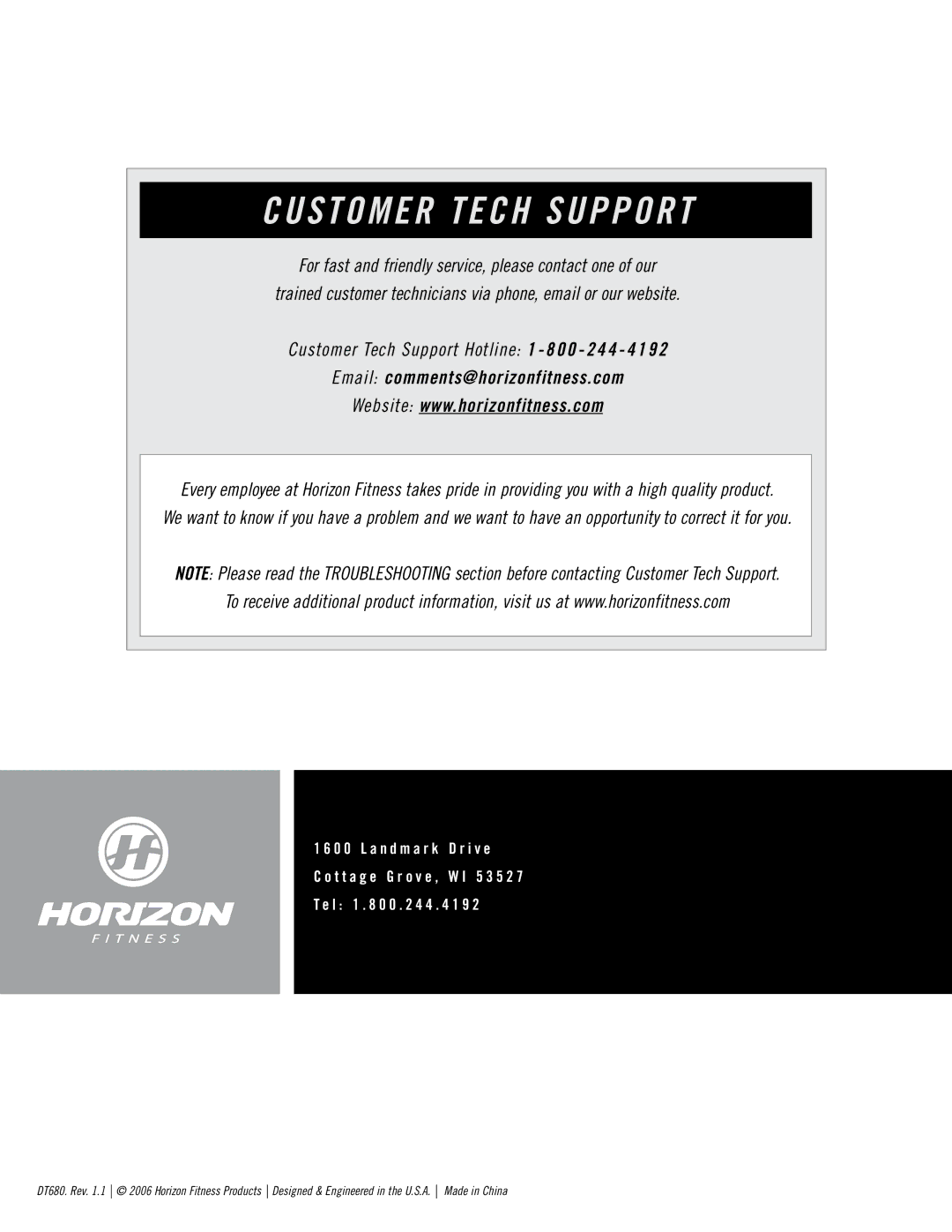 Horizon Fitness DT680 manual Customer Tech Support 