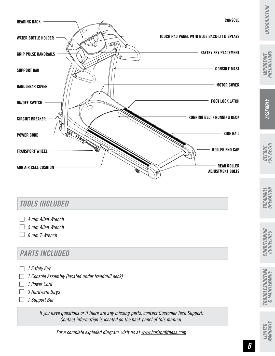 Horizon Fitness DT680 manual Tools Included, Parts Included 