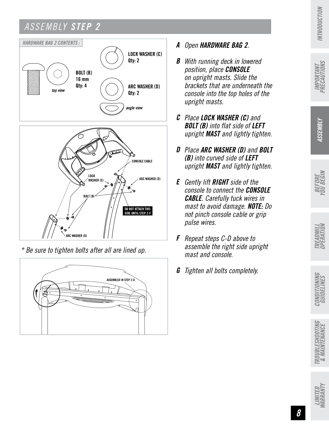 Horizon Fitness DT680 manual Position, place console, Upright masts, Pulse wires, Mast and console 