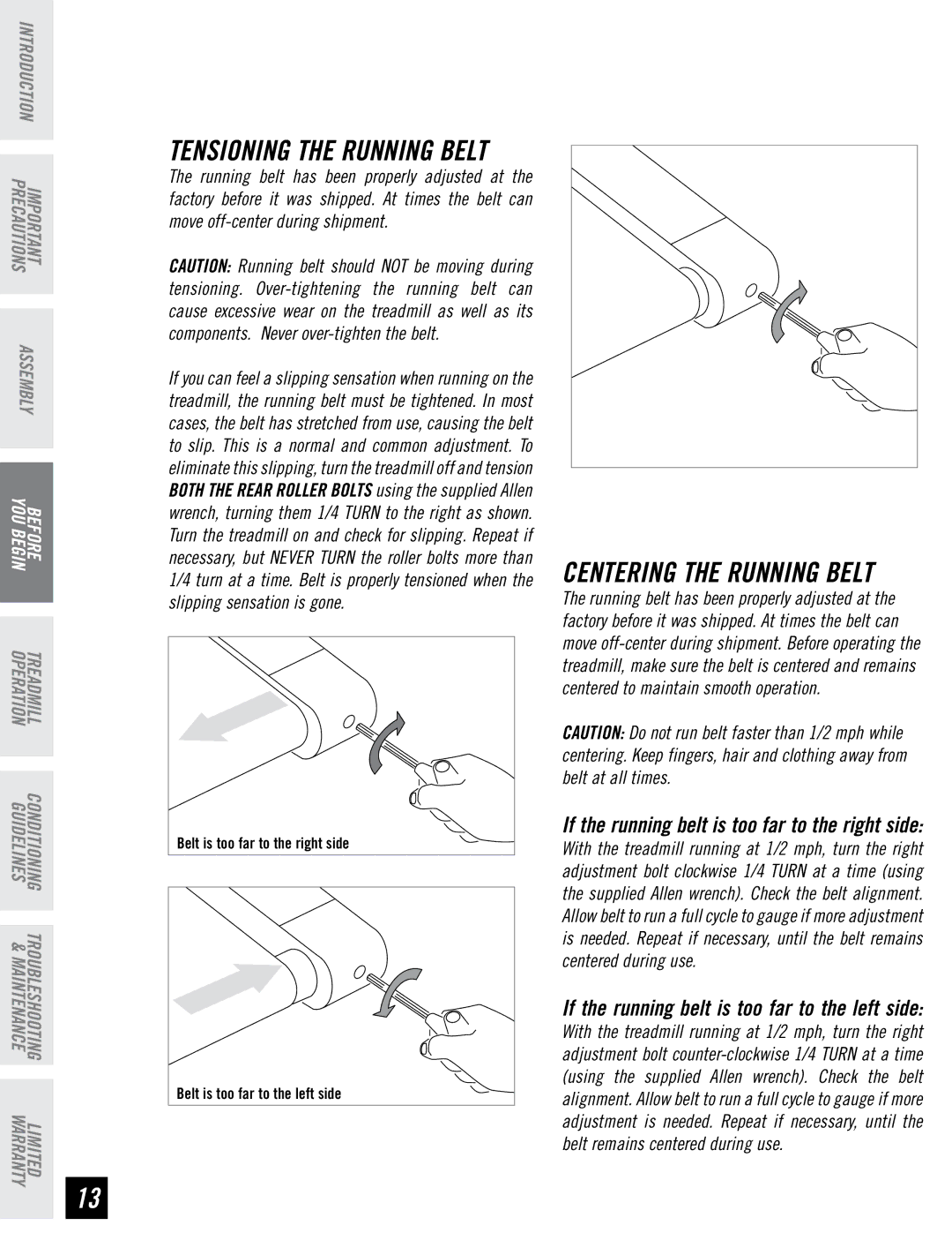 Horizon Fitness DT850, DT650 manual TENSIONING­THE Running Belt 