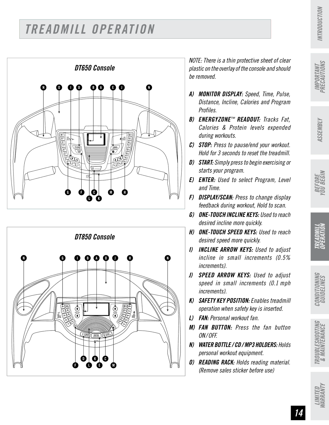Horizon Fitness DT650 manual Treadmill Operation, DT850 Console 