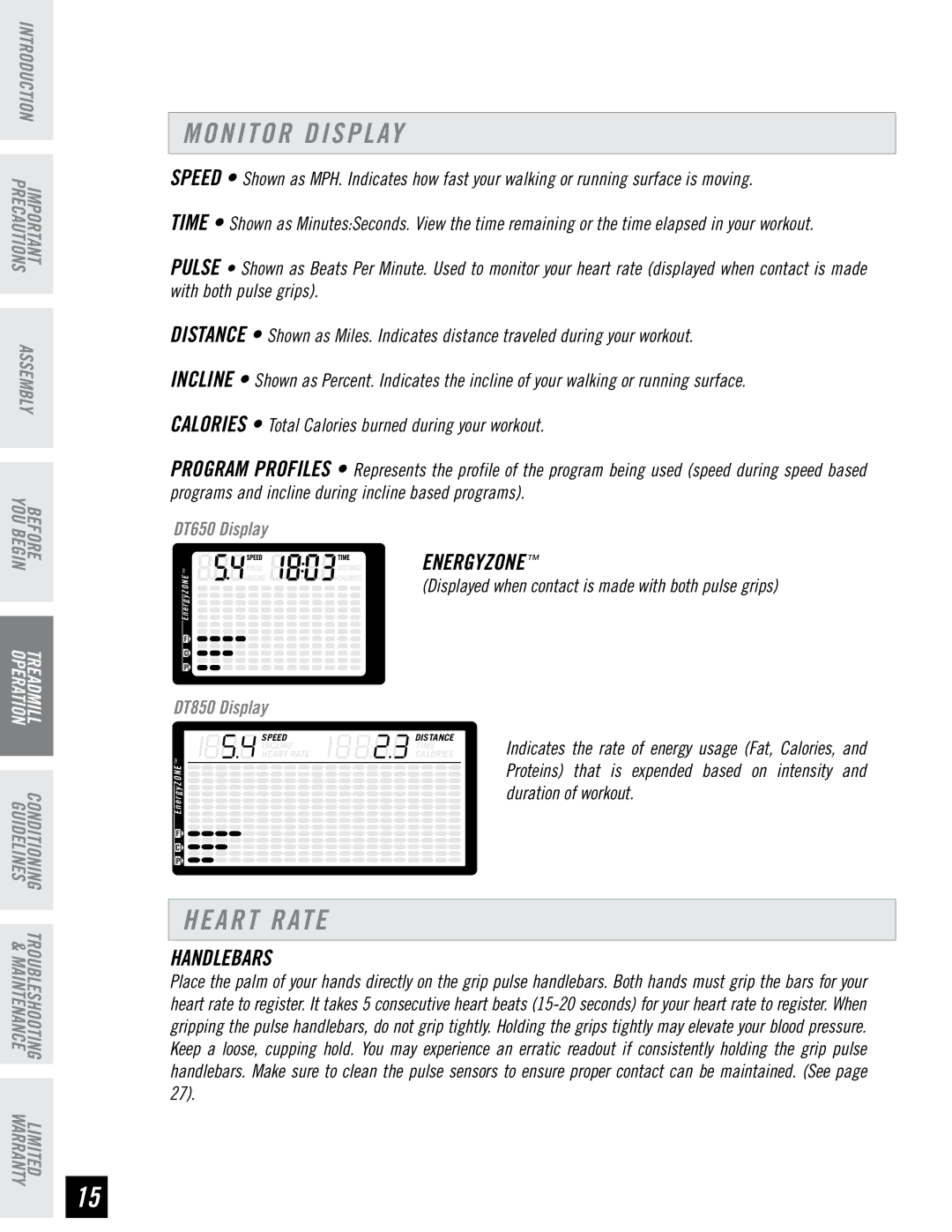 Horizon Fitness DT850, DT650 manual Monitor Display, Heart Rate, Handlebars 