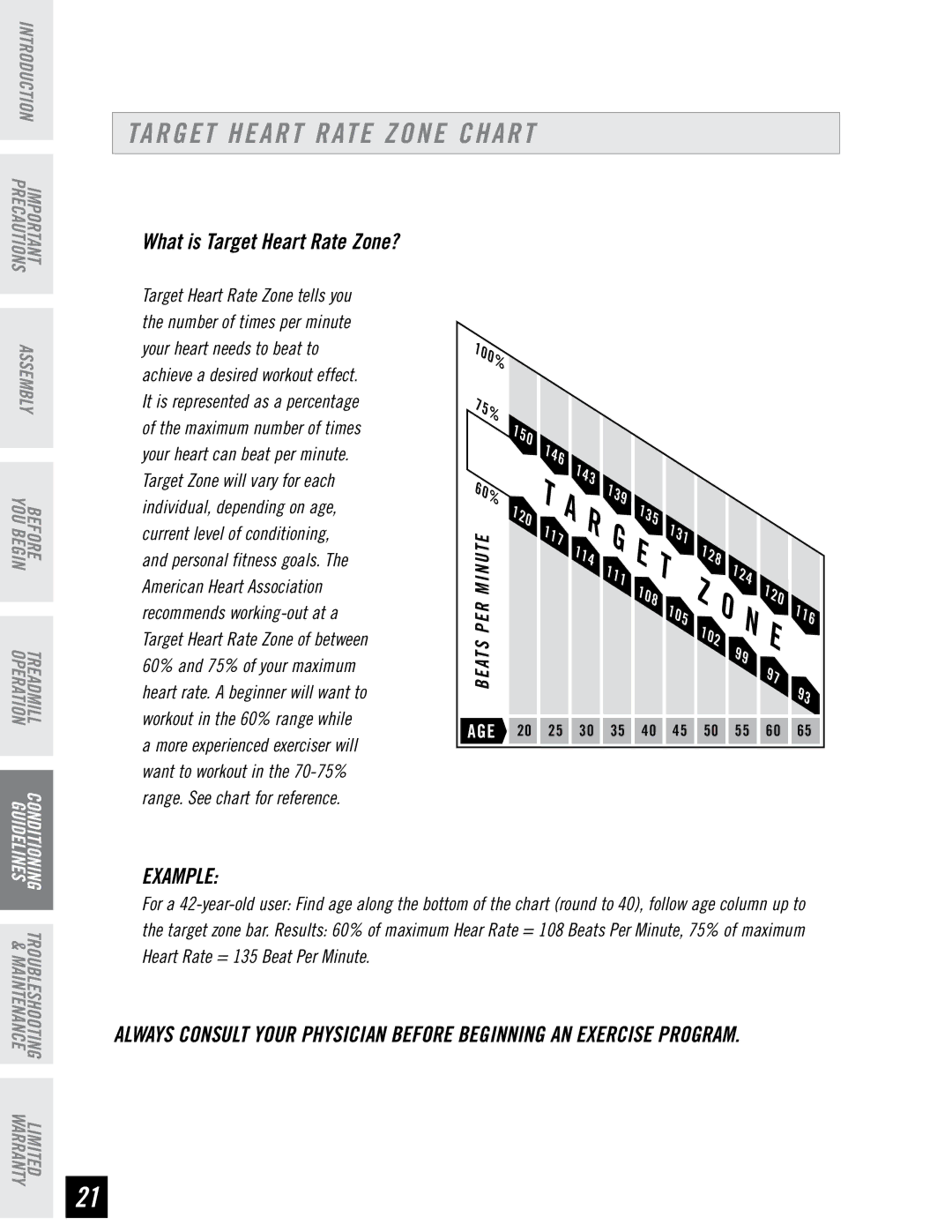 Horizon Fitness DT850, DT650 manual Target Heart Rate Zone Chart, Example 