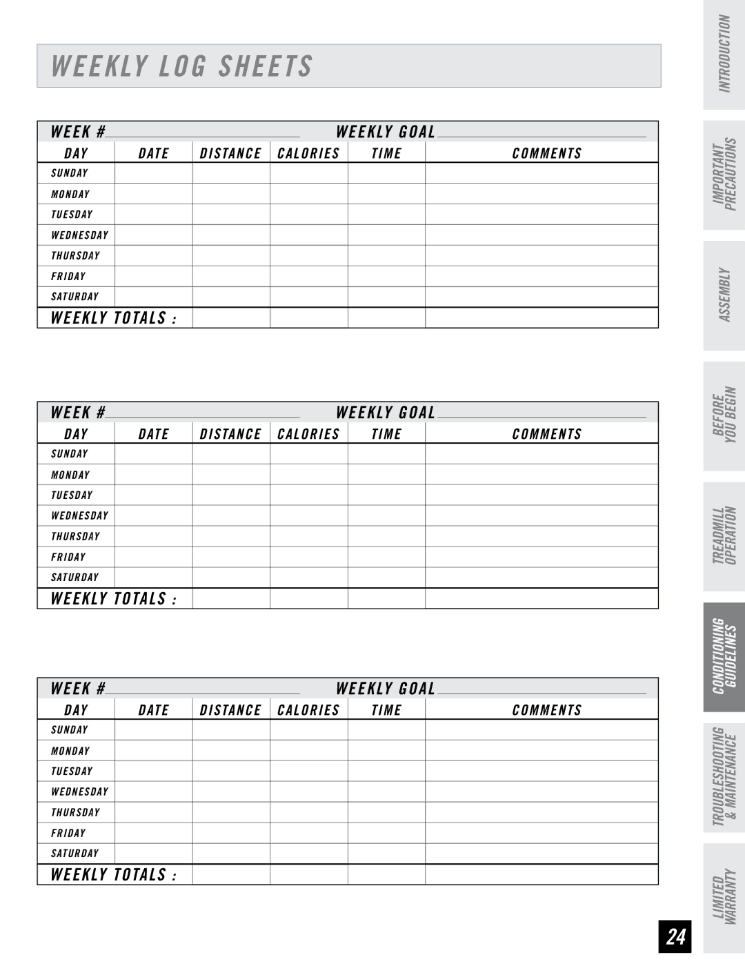 Horizon Fitness DT650, DT850 manual Weekly LOG Sheets, Weekly Totals 