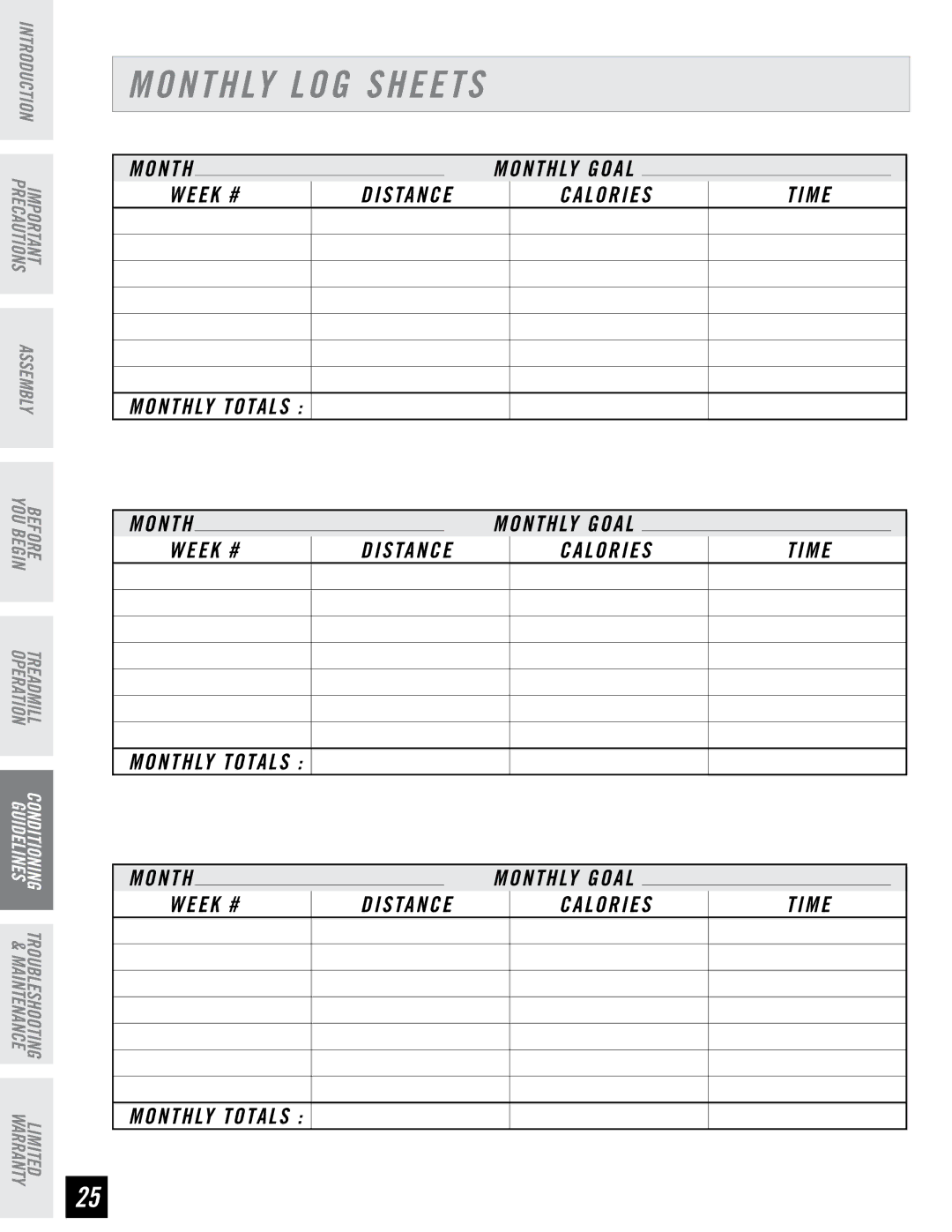 Horizon Fitness DT850, DT650 manual Monthly LOG Sheets, Week # Distance Calories Time Monthly Totals 