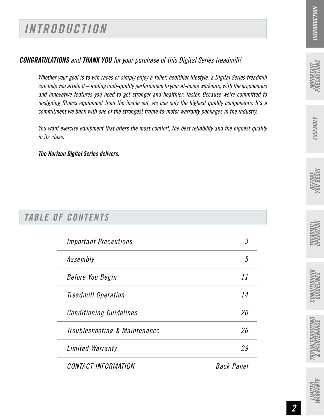 Horizon Fitness DT650, DT850 manual T R O D U C T I O N, Table of Contents 