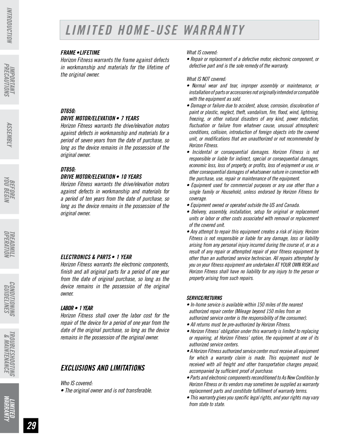 Horizon Fitness DT850, DT650 manual Limited Home USE Warranty, Exclusions and Limitations 