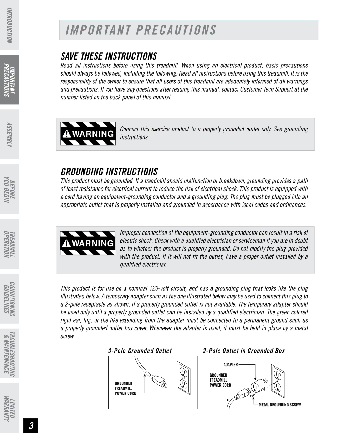 Horizon Fitness DT850, DT650 manual Important Precautions, Grounding Instructions 