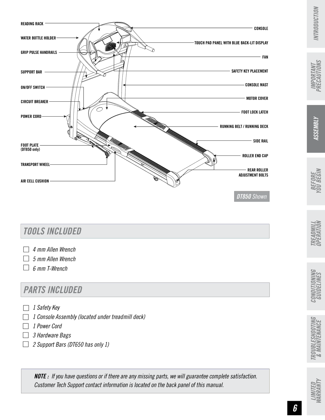 Horizon Fitness DT650, DT850 manual Tools Included, Parts Included 