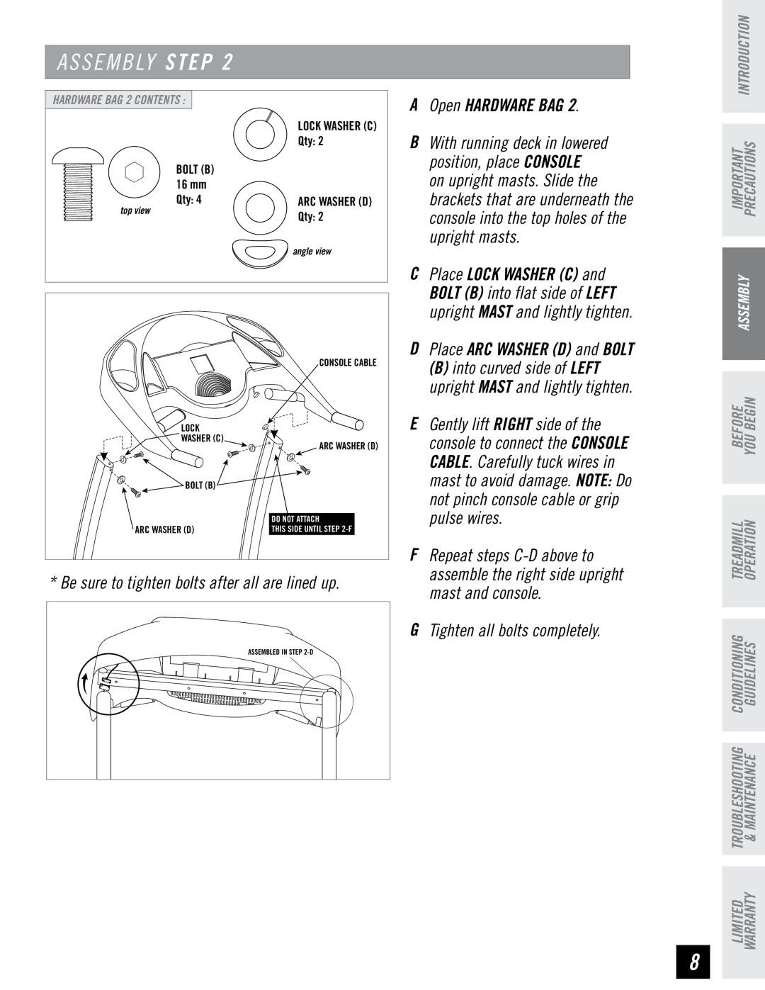 Horizon Fitness DT650 Position, place console, Upright masts, Pulse wires, Mast and console, Tighten all bolts completely 