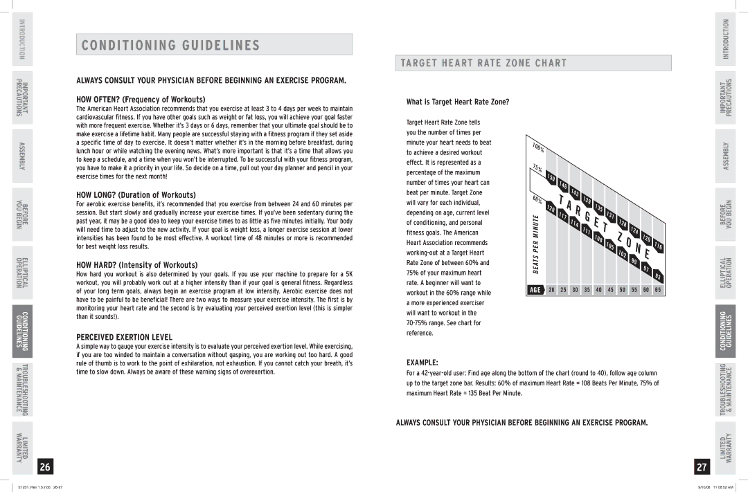 Horizon Fitness E1201 manual CO N Ditio Ning Guidelines, Target Heart Rate Zone Chart 