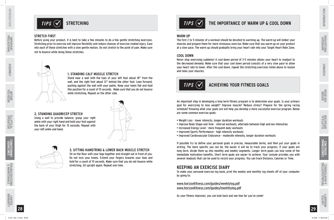 Horizon Fitness E1201 manual the Importance of Warm UP & Cool Down, Achieving Your Fitness Goals, Keeping AN Exercise Diary 