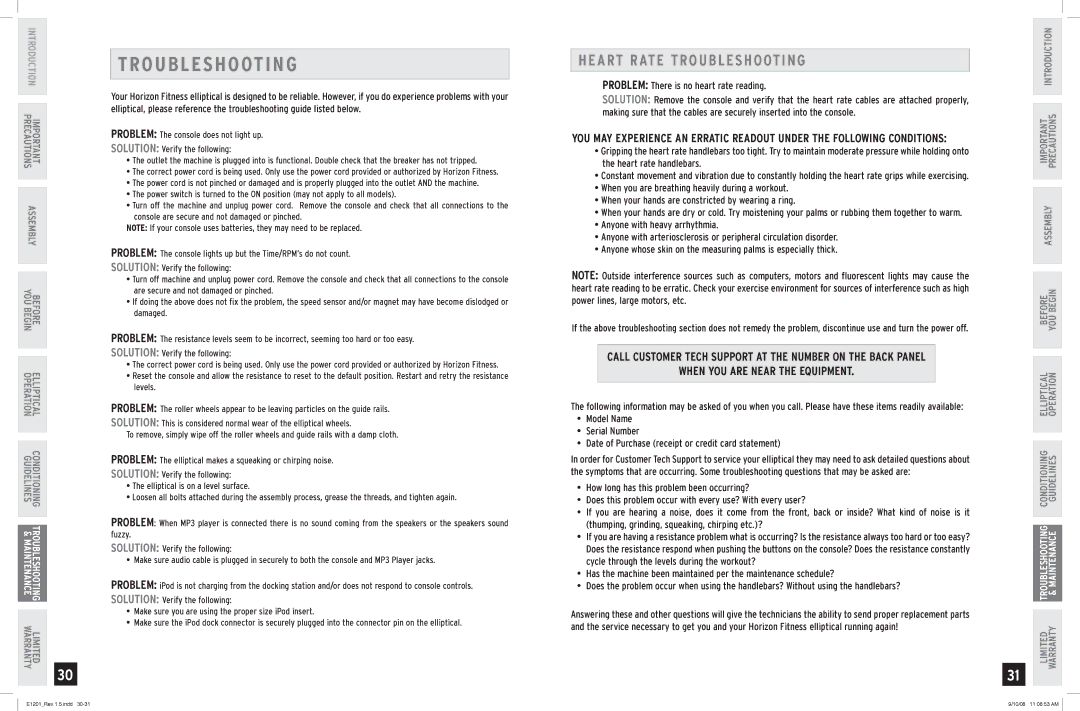 Horizon Fitness E1201 manual TRO U B LES H O Otin G, Heart Rate Troubleshooting, When YOU are Near the Equipment 