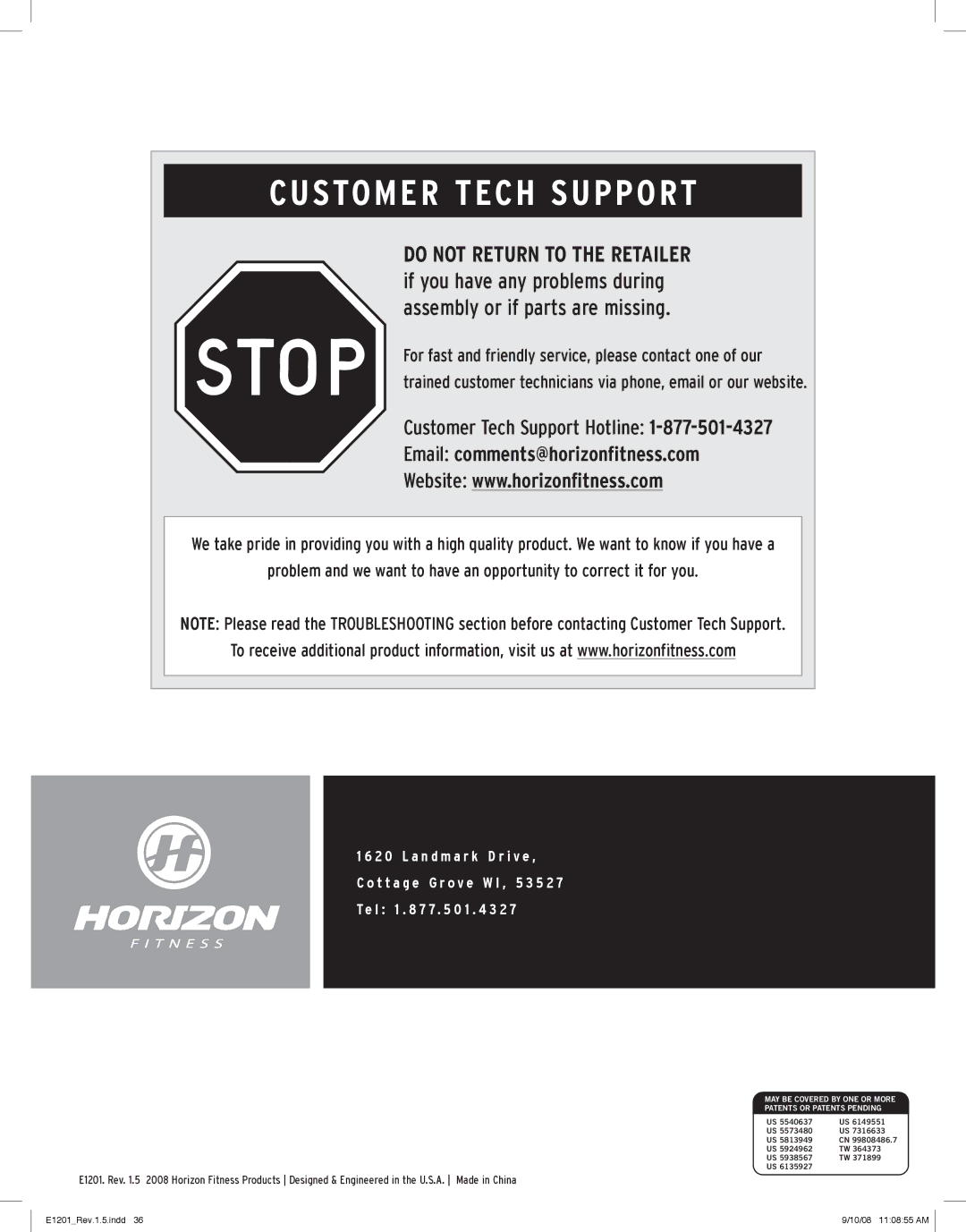 Horizon Fitness E1201 manual Stom E R Tech Support 