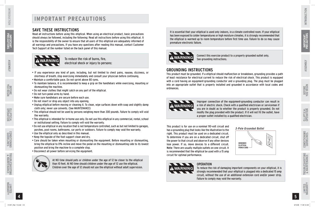 Horizon Fitness E1201 manual MP Ortant Precautions, Grounding Instructions, Operation 