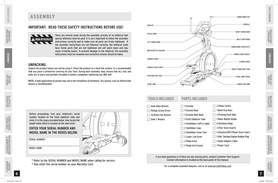 Horizon Fitness E1201 manual Asse MB LY, Unpacking, Parts Included 