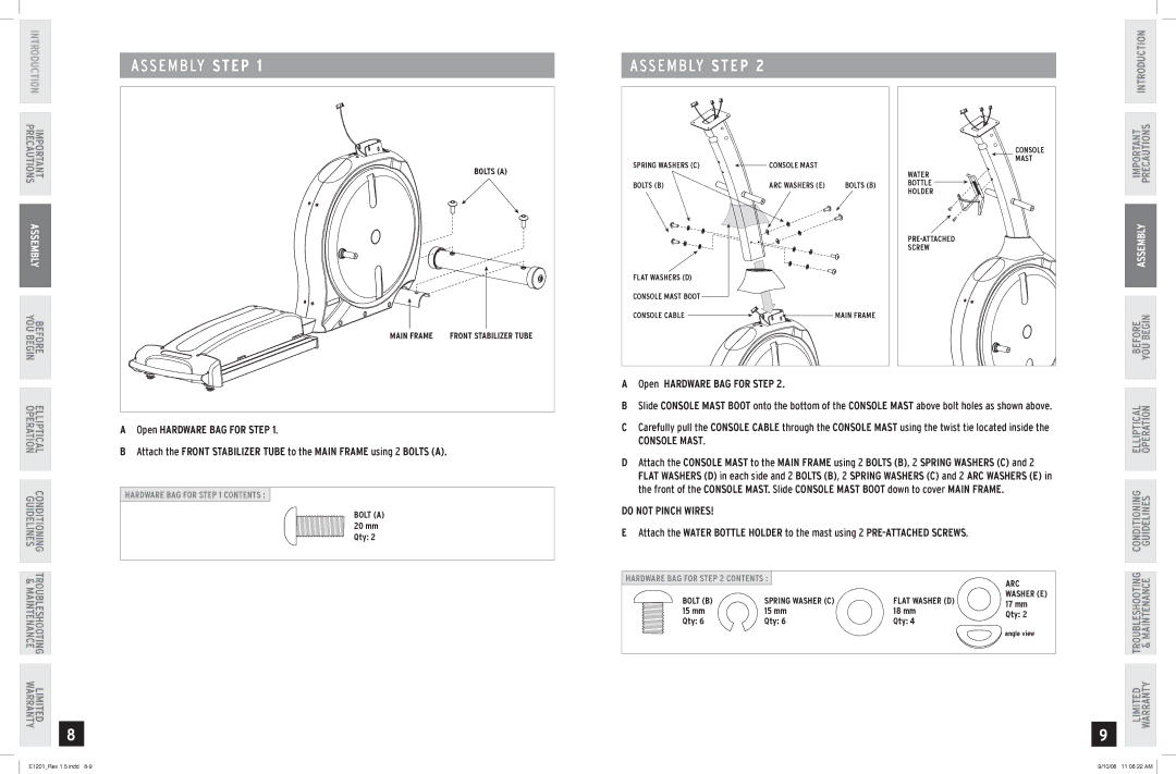 Horizon Fitness E1201 manual S E M B LY Step, Open Hardware BAG for Step, Console Mast, Do not Pinch Wires 