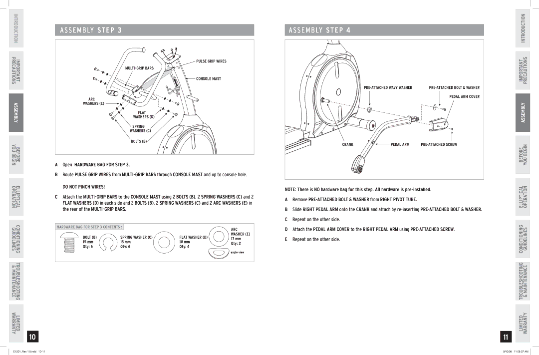 Horizon Fitness E1201 manual S E M B LY Step, Remove PRE-ATTACHED Bolt & Washer from right Pivot Tube 