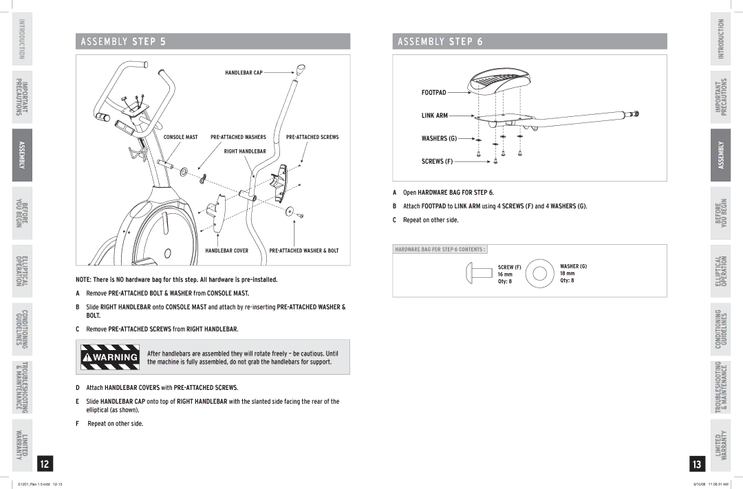 Horizon Fitness E1201 manual Bolt, Footpad, Washers G Screws F 