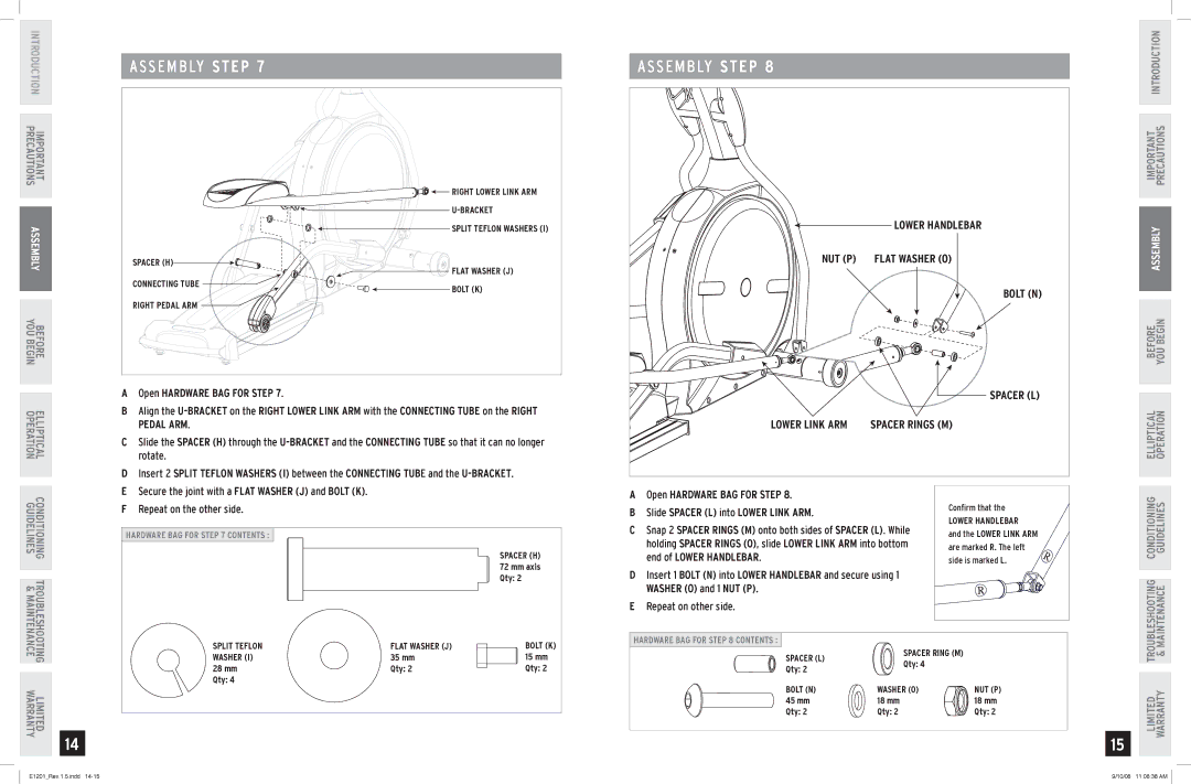 Horizon Fitness E1201 manual Spacer Rings M, Lower Link ARM 