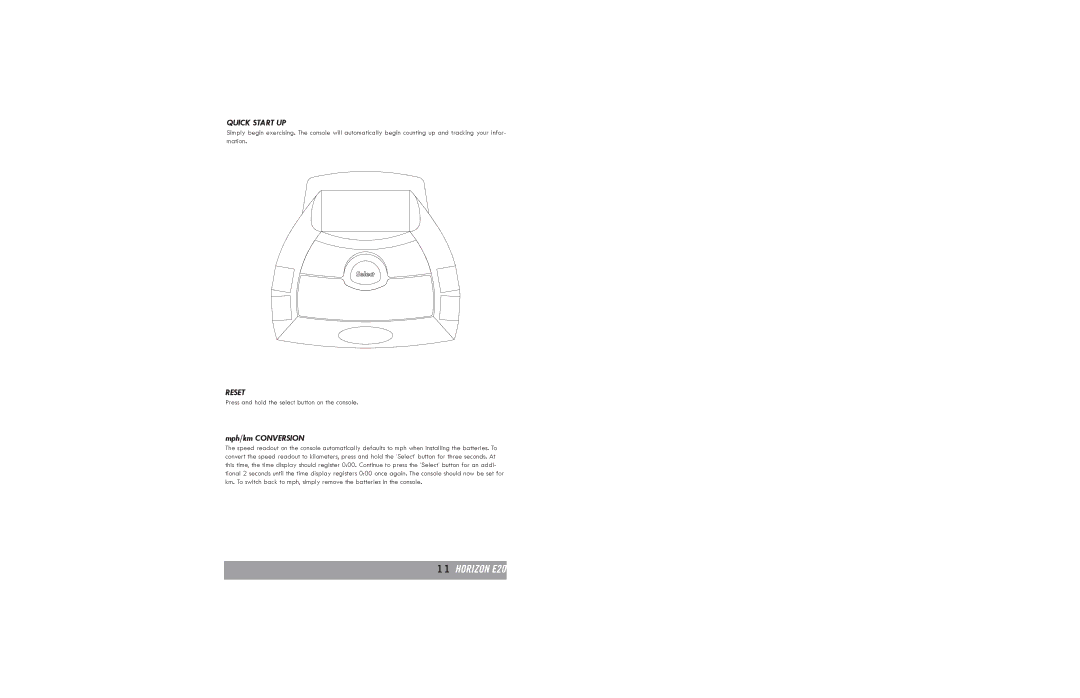 Horizon Fitness E20, E30 manual Quick Start UP, Reset 