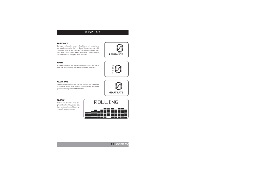 Horizon Fitness E20, E30 manual Resistance, Watts, Heart Rate, Profile 