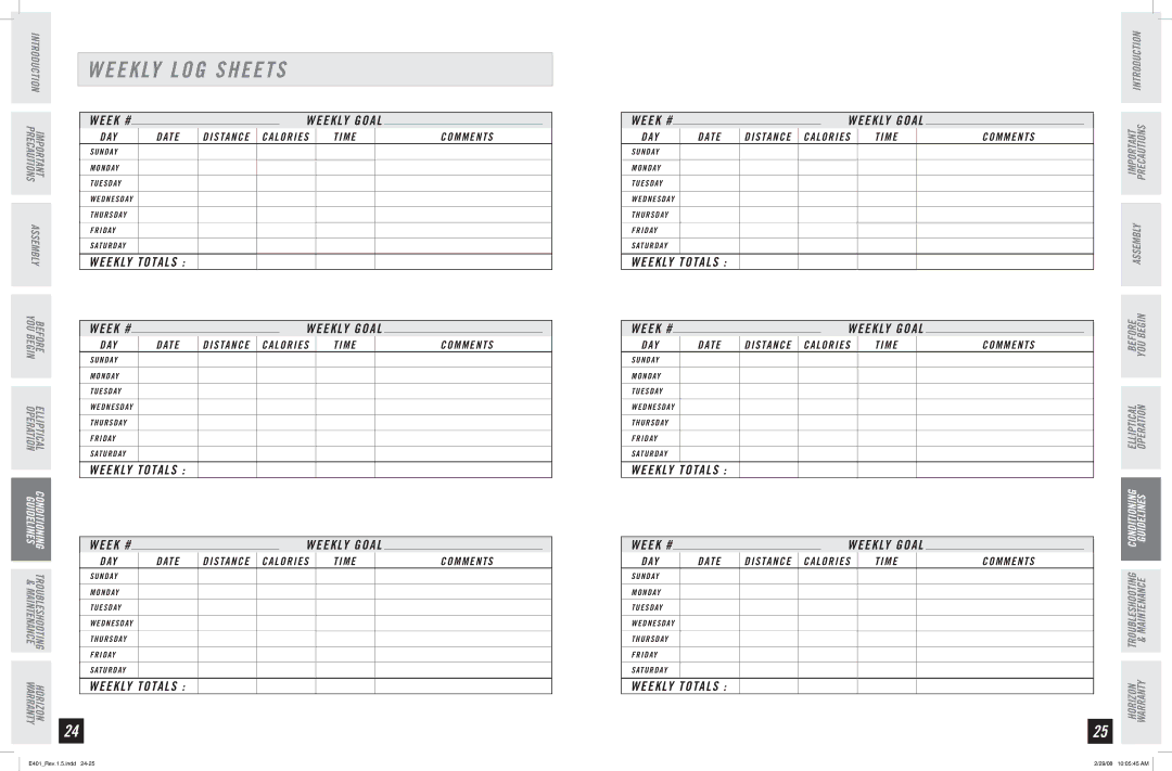 Horizon Fitness E401 manual Week # Weekly Goal, Weekly Totals Week # 