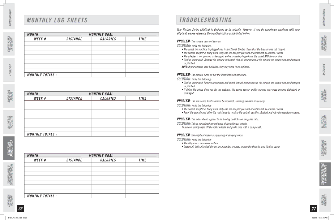 Horizon Fitness E401 manual Monthly LOG Sheets, Troubleshooting, Week # Distance Calories Time Monthly Totals, Problem 