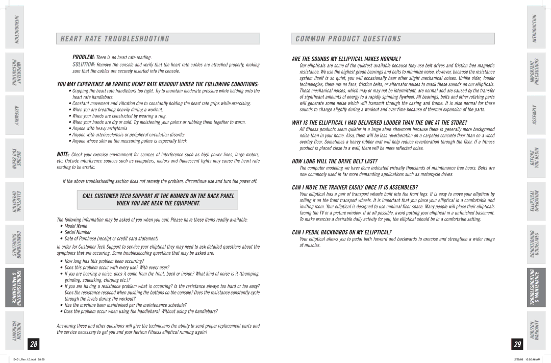 Horizon Fitness E401 manual Heart Rate Troubleshooting, Common Product Questions 