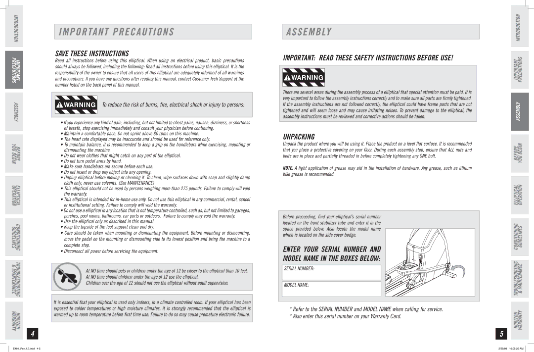 Horizon Fitness E401 manual Important Precautions, Assembly, Unpacking 