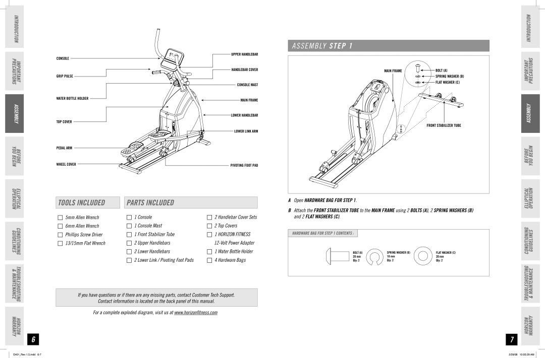 Horizon Fitness E401 manual S E M B LY Step, Tools Included, Parts Included 