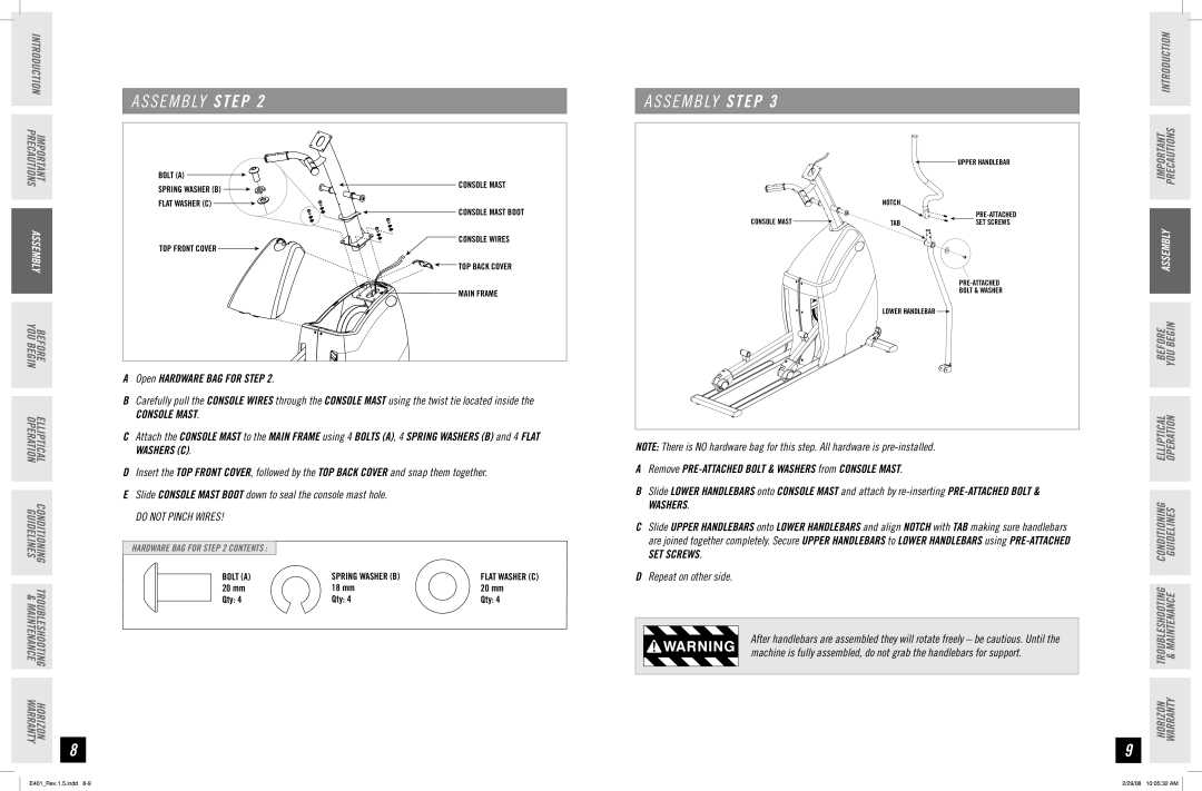 Horizon Fitness E401 manual Open Hardware BAG for Step, Remove PRE-ATTACHED Bolt & Washers from Console Mast 