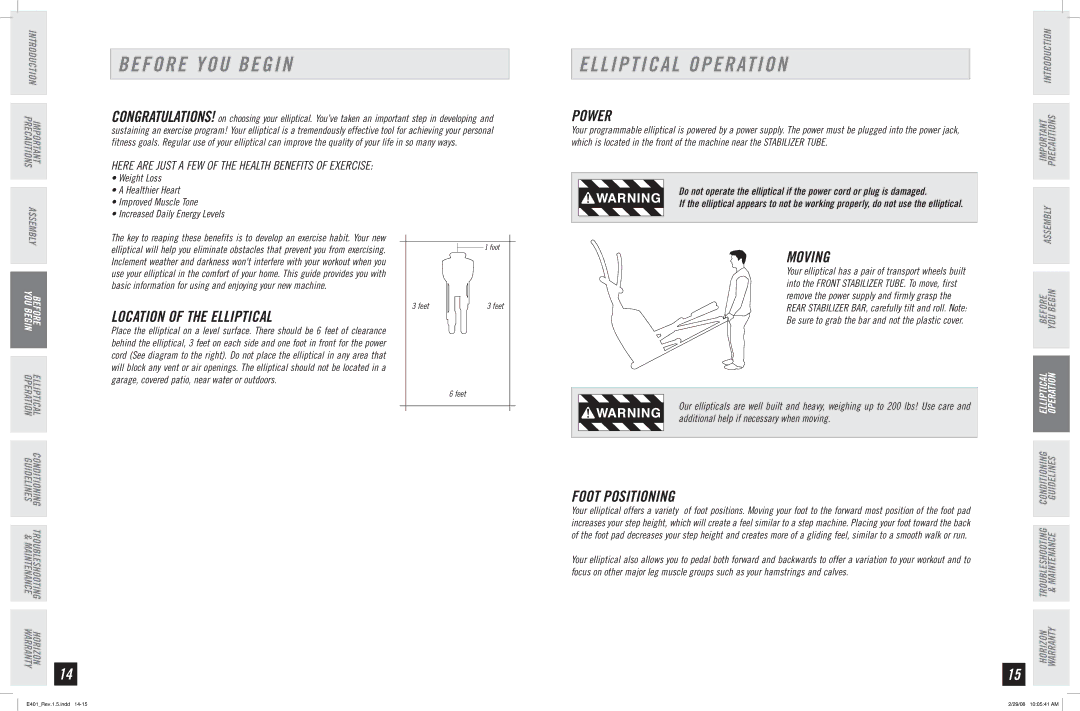 Horizon Fitness E401 manual Before YOU Begin, Elliptical Operation 