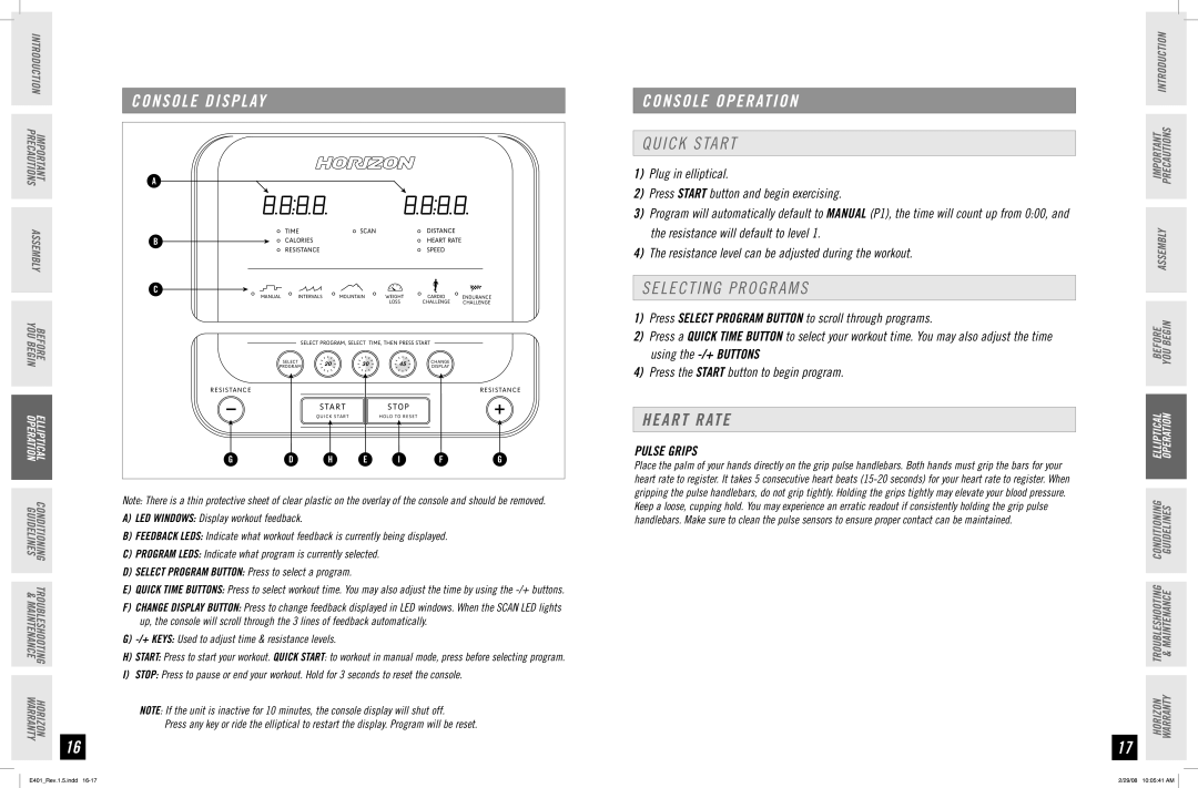 Horizon Fitness E401 manual Console Display, Console Operation, Quick Start, Selecting Programs, Heart Rate 